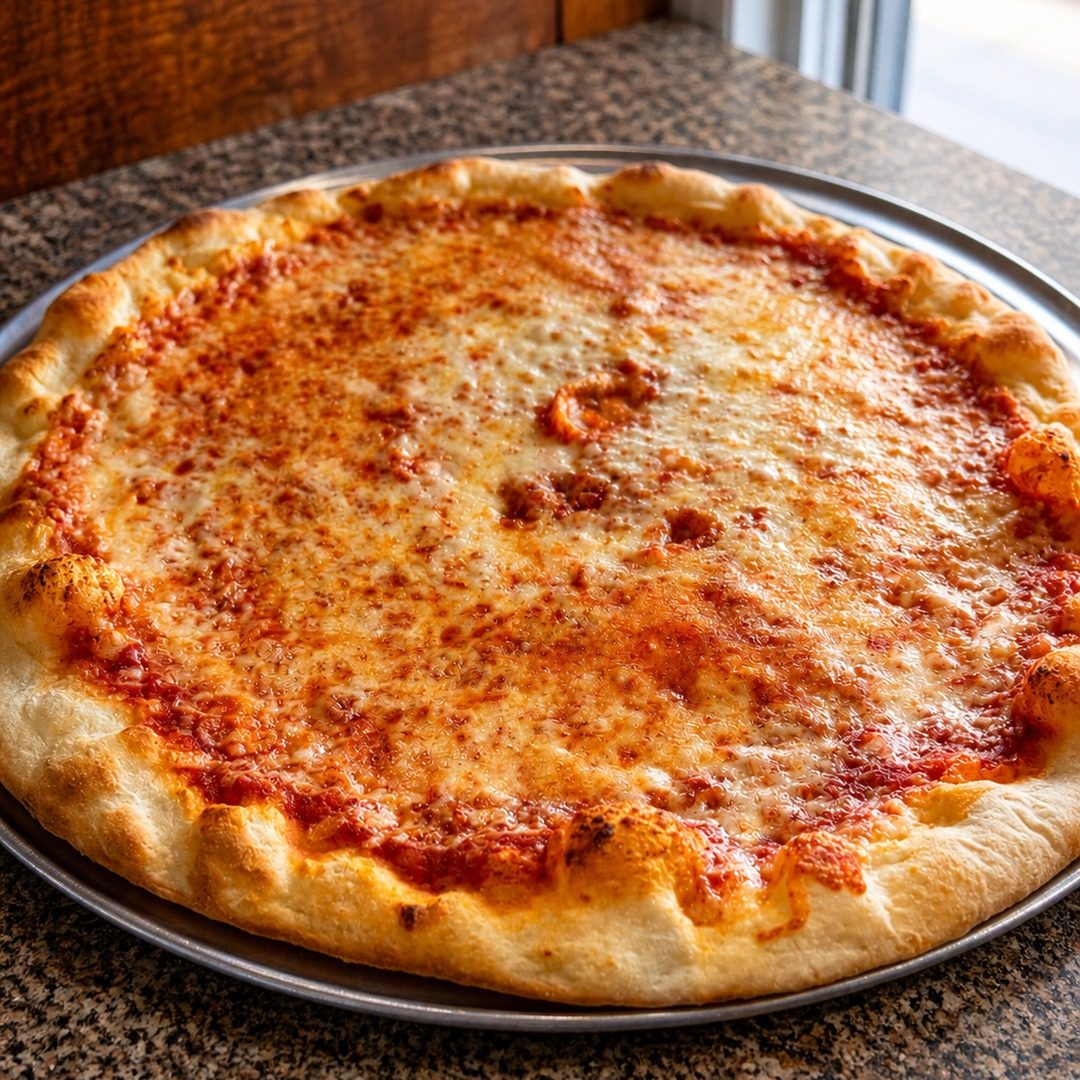 Boardwalk style cheese pizza on a pan