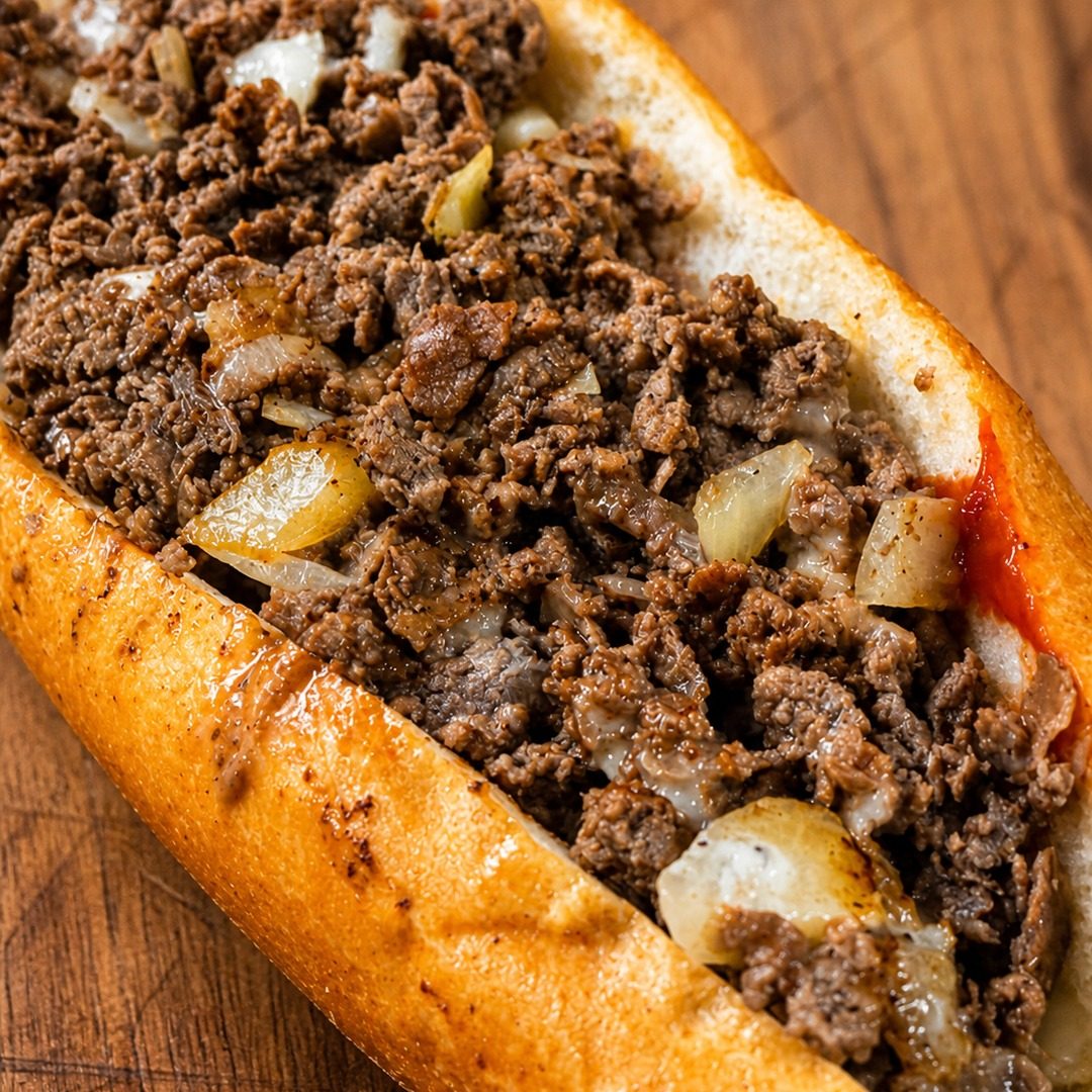 Philly cheesesteak loaded with chopped steak and onions on a fresh roll