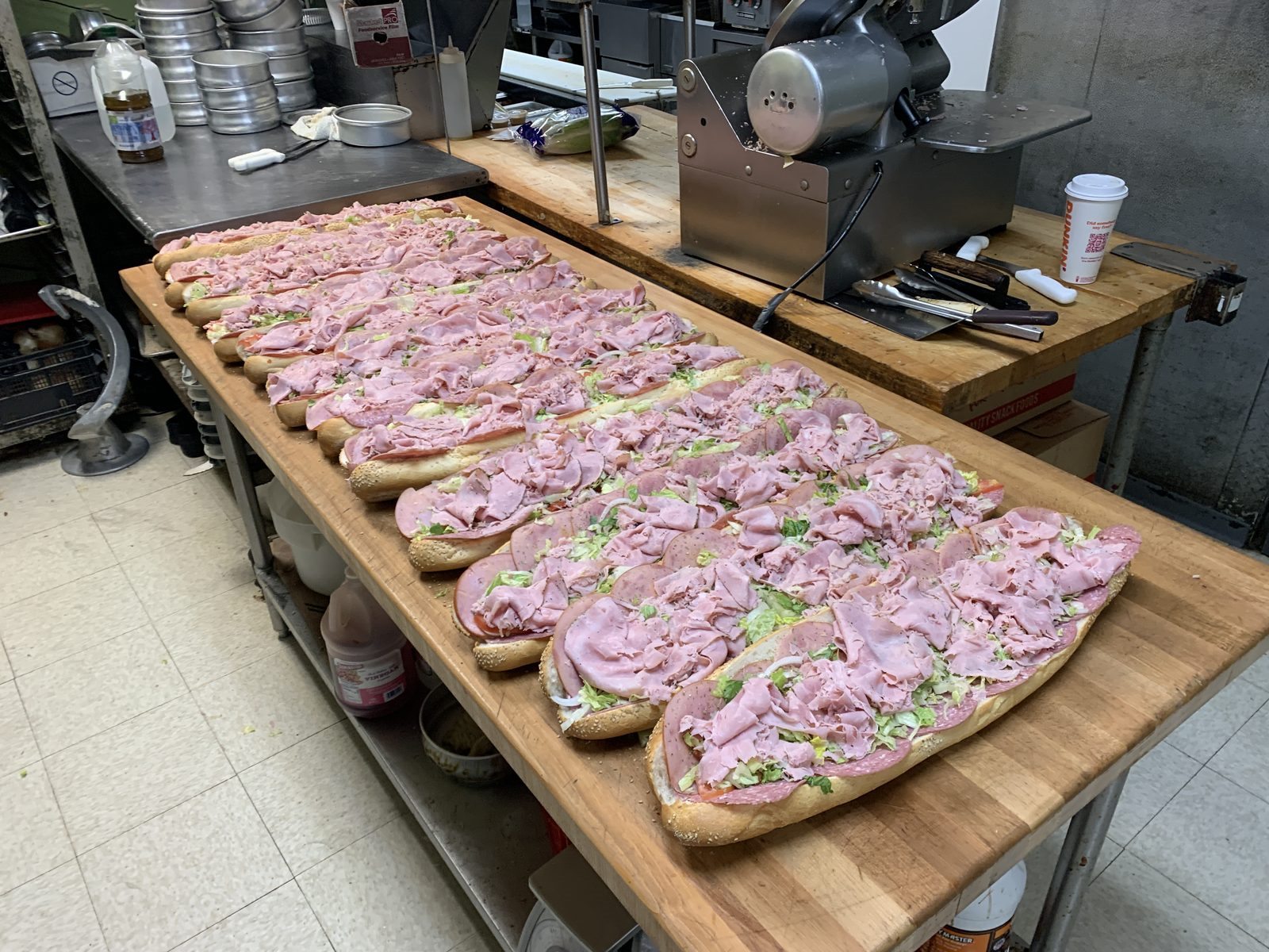 Hoagies being prepared in the kitchen